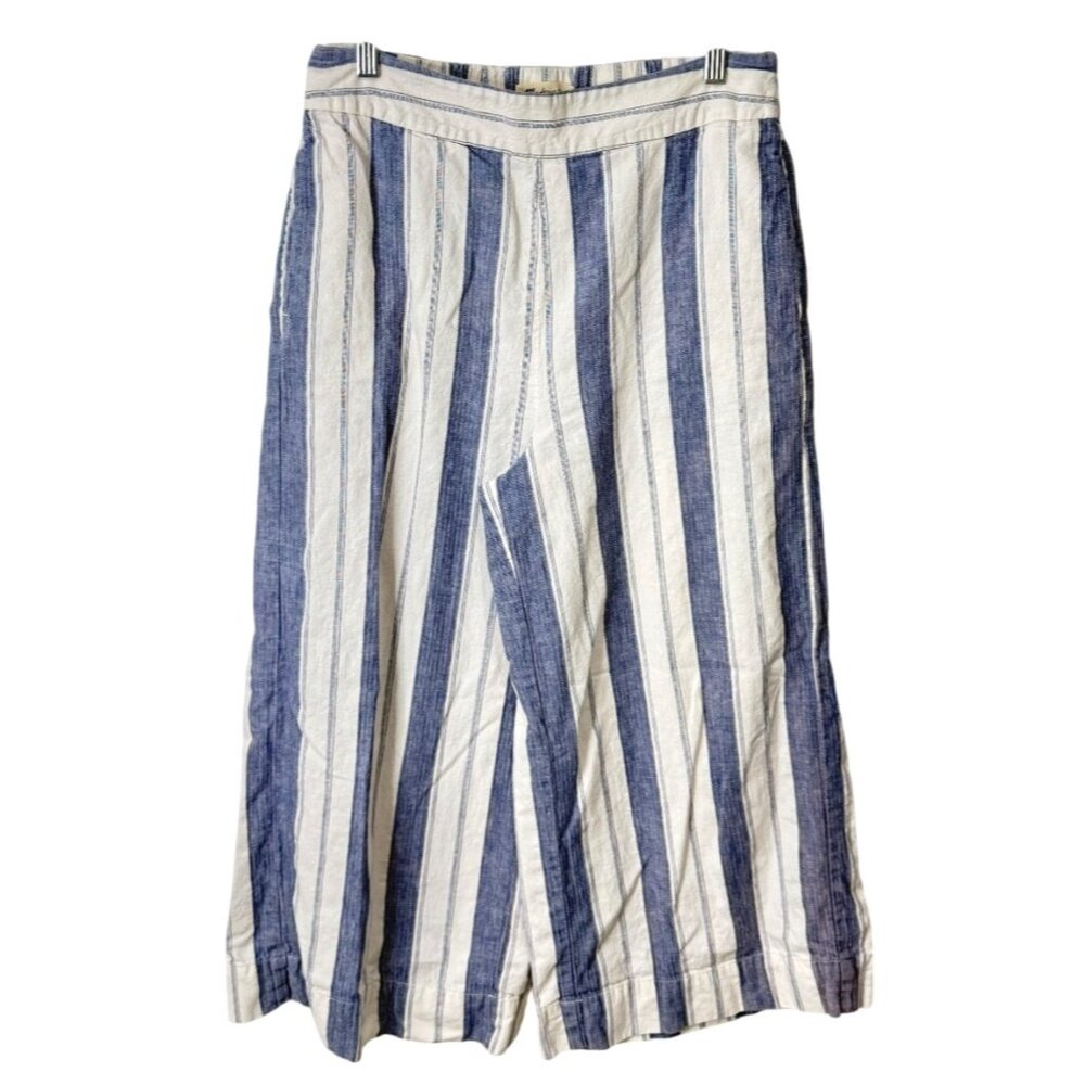 Madewell Womens Size L Striped Wide-Leg Cropped Pants Linen Blend Blue White